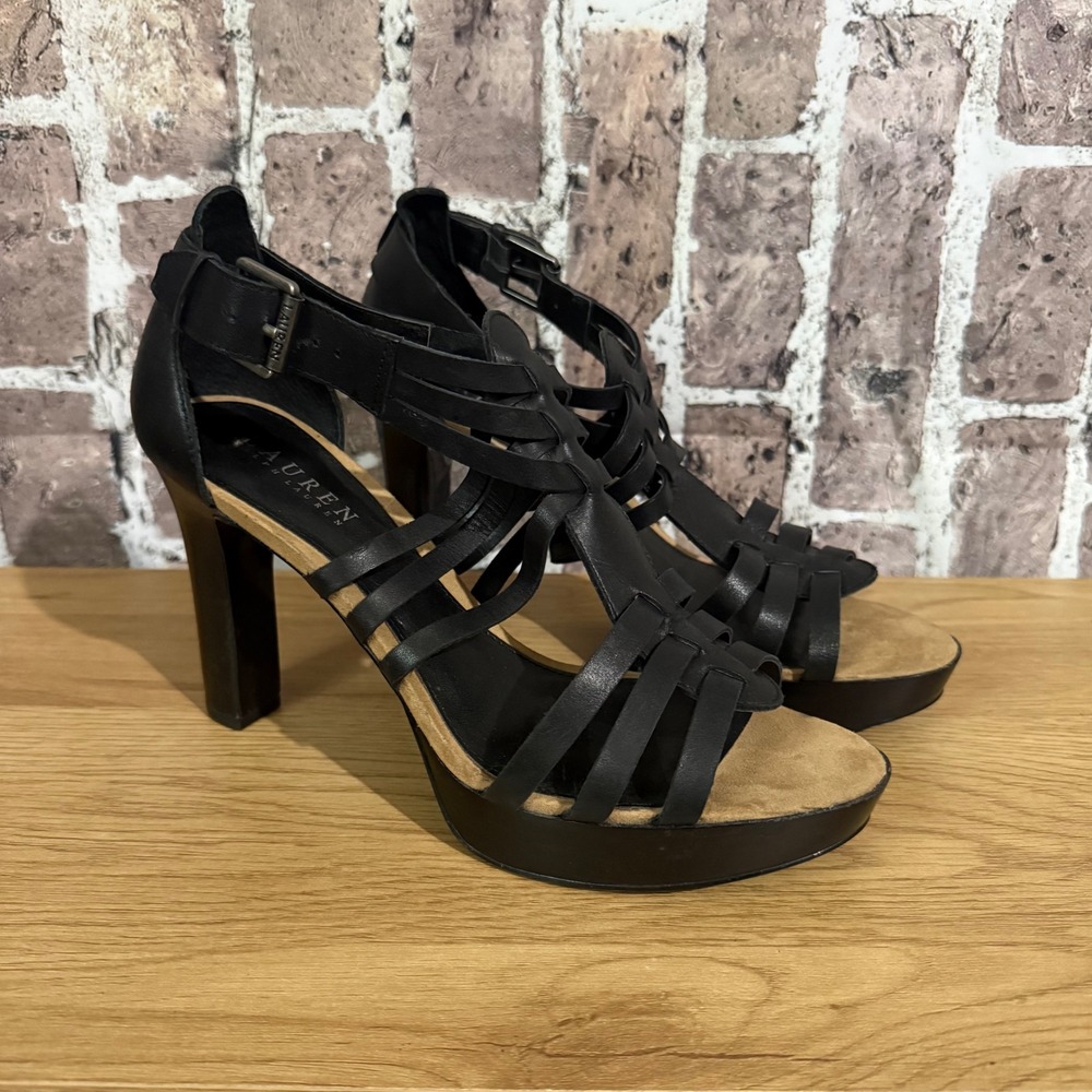 Lauren Ralph Lauren Safia Strappy Platform Sandals Women 10B Black Leather Dress